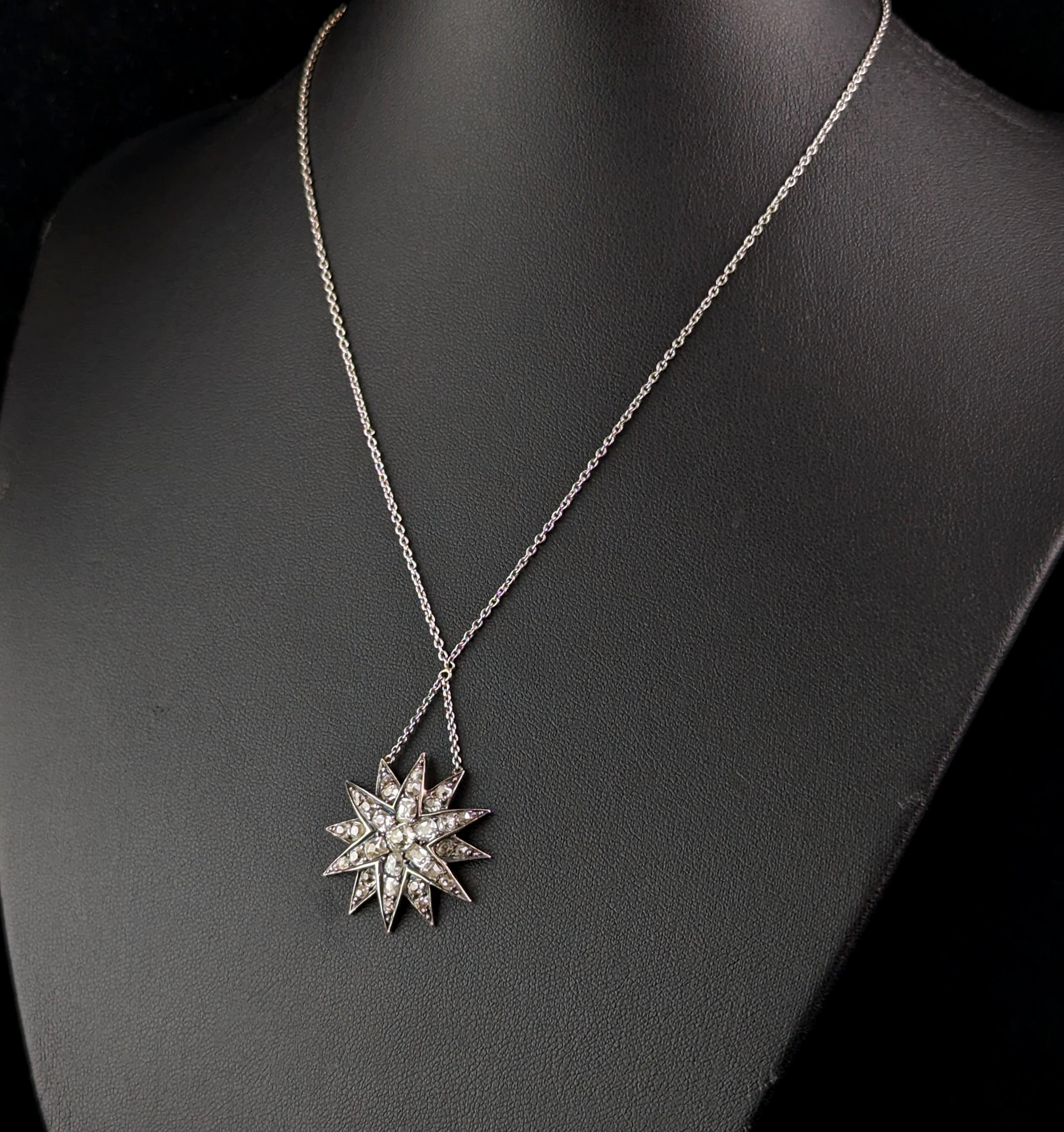 Antique Victorian Diamond star pendant, sterling silver necklace  In Good Condition For Sale In NEWARK, GB