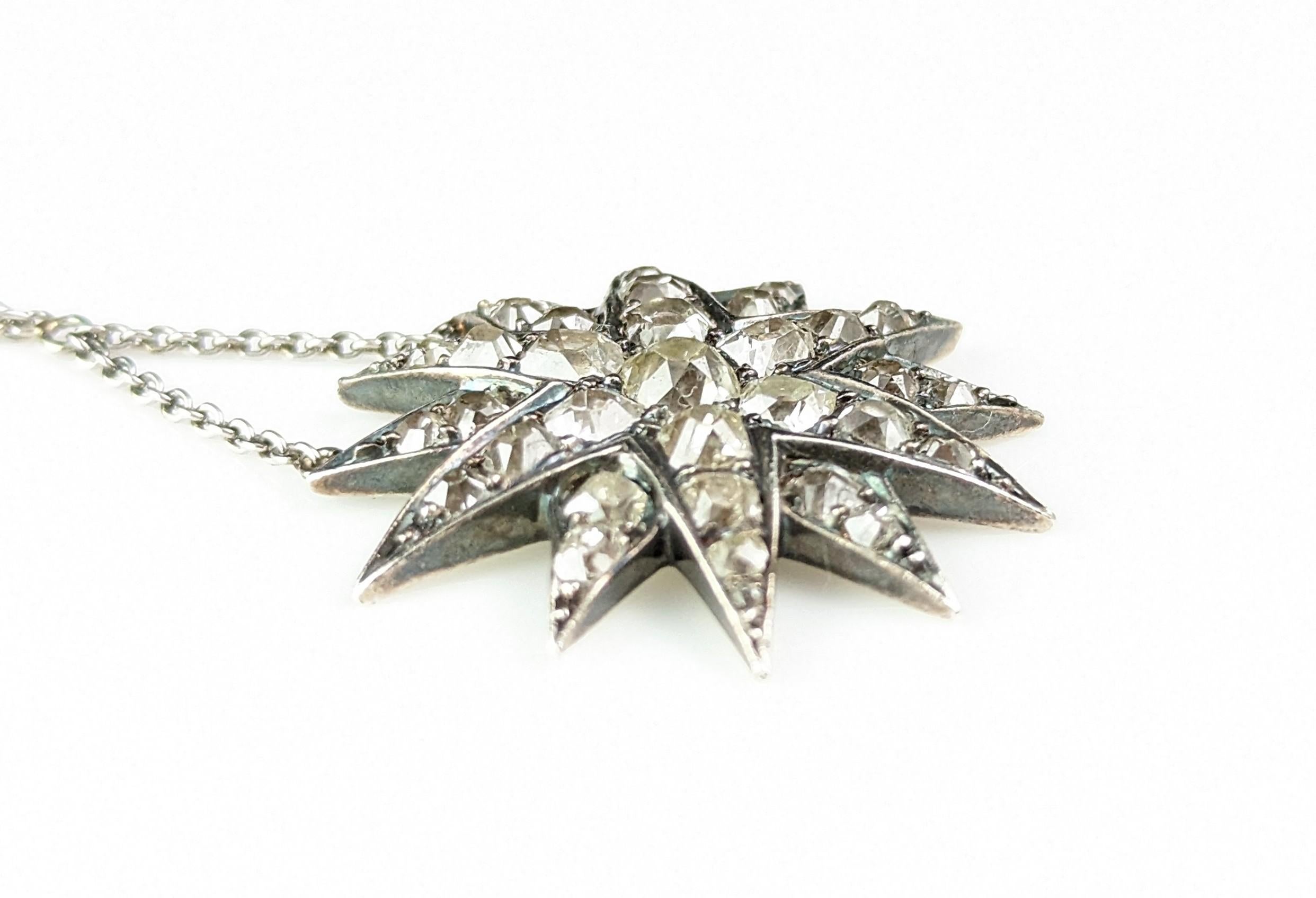 Women's or Men's Antique Victorian Diamond star pendant, sterling silver necklace  For Sale