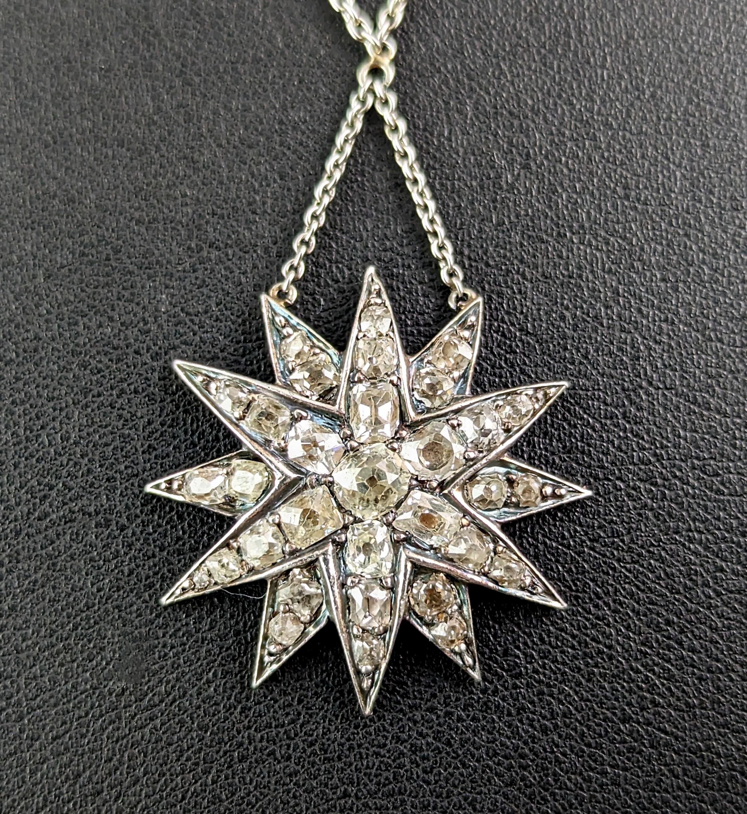 Antique Victorian Diamond star pendant, sterling silver necklace  For Sale 1