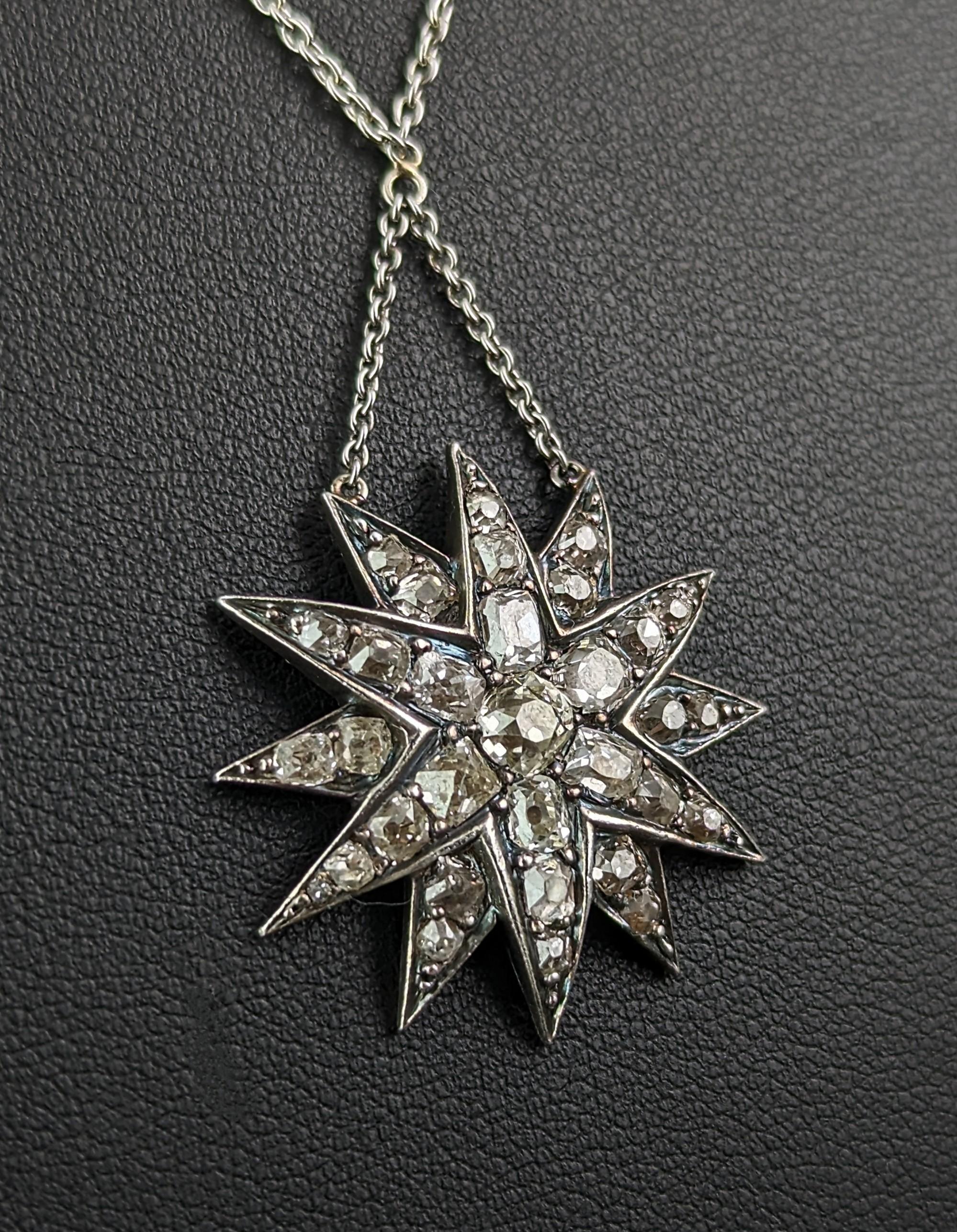 Antique Victorian Diamond star pendant, sterling silver necklace  For Sale 4