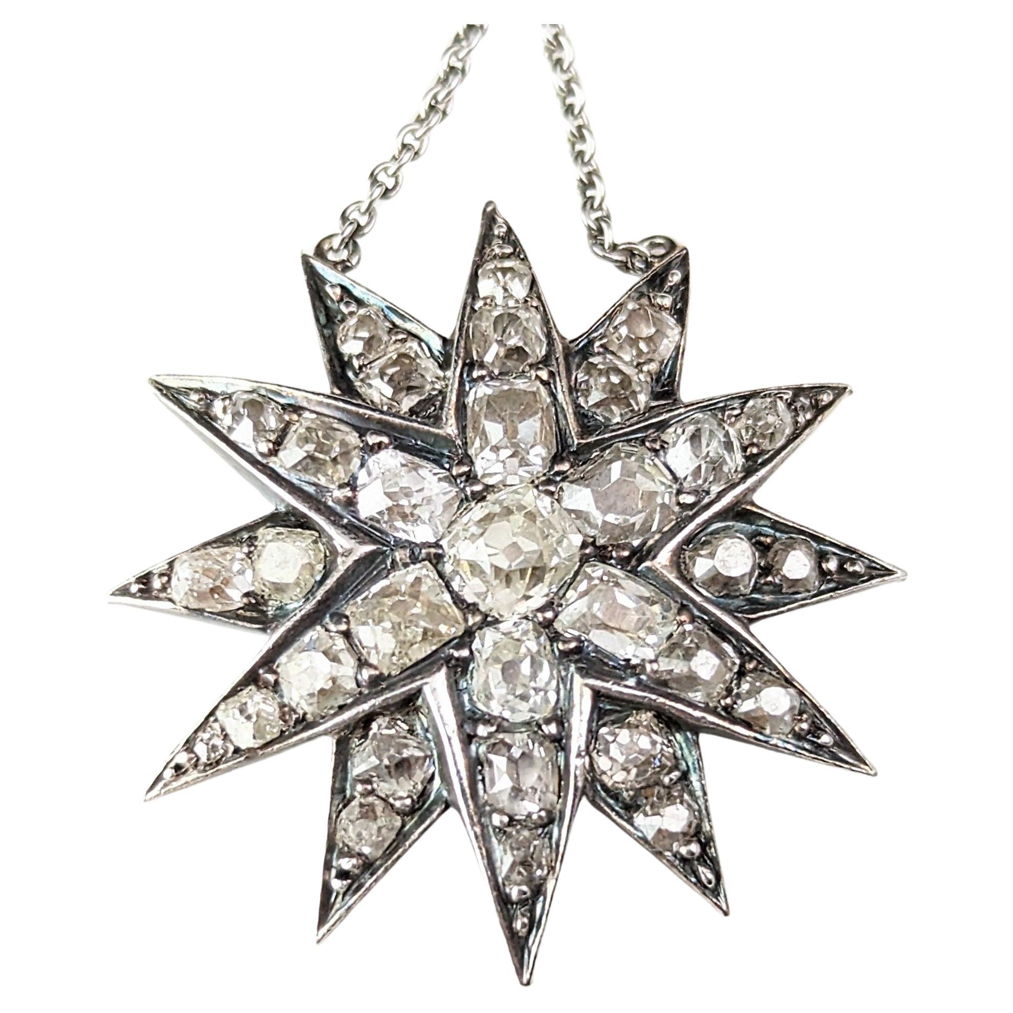 Antique Victorian Diamond star pendant, sterling silver necklace 