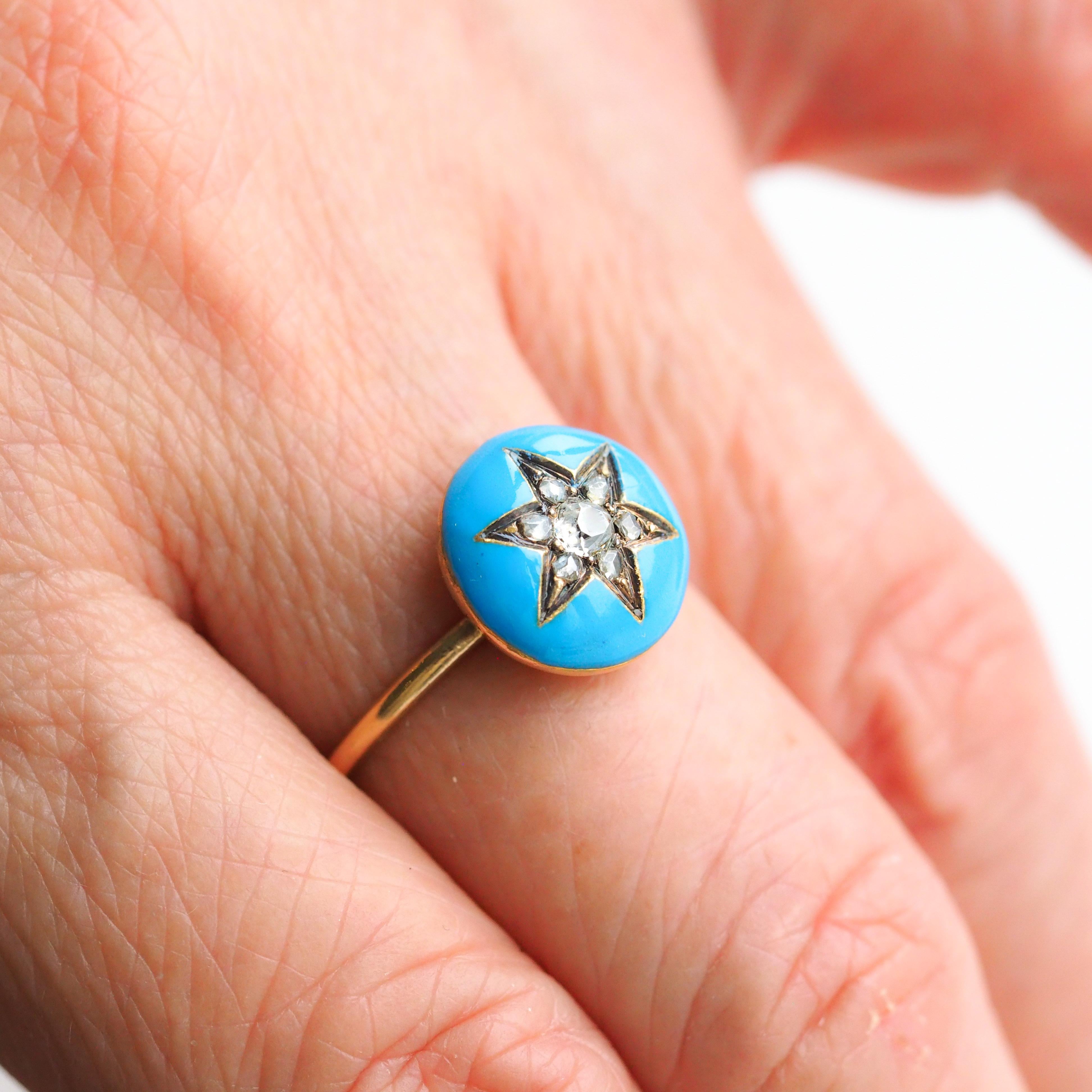 Antique Victorian Diamond Star Ring 9K Gold Blue Enamel Cabochon - c.1890 For Sale 5