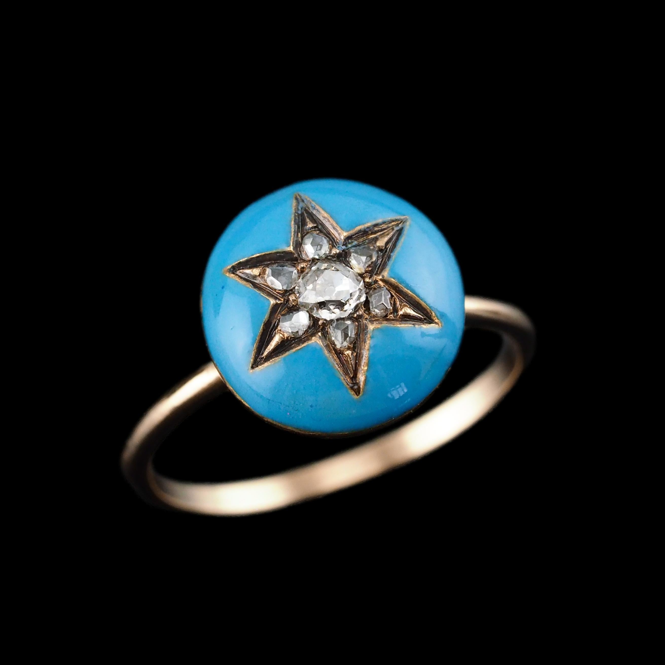 Antique Victorian Diamond Star Ring 9K Gold Blue Enamel Cabochon - c.1890 For Sale 6