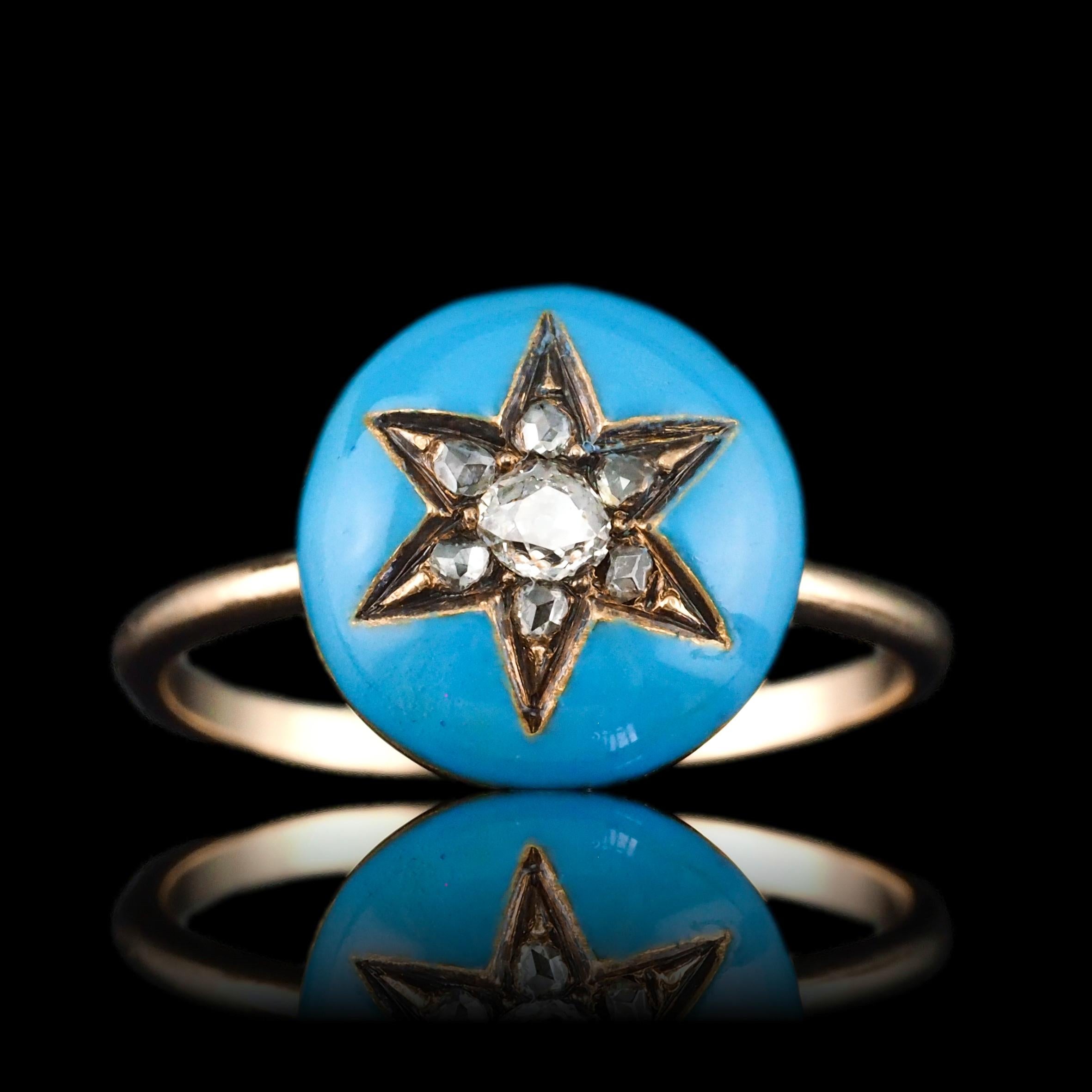 Antique Victorian Diamond Star Ring 9K Gold Blue Enamel Cabochon - c.1890 For Sale 7