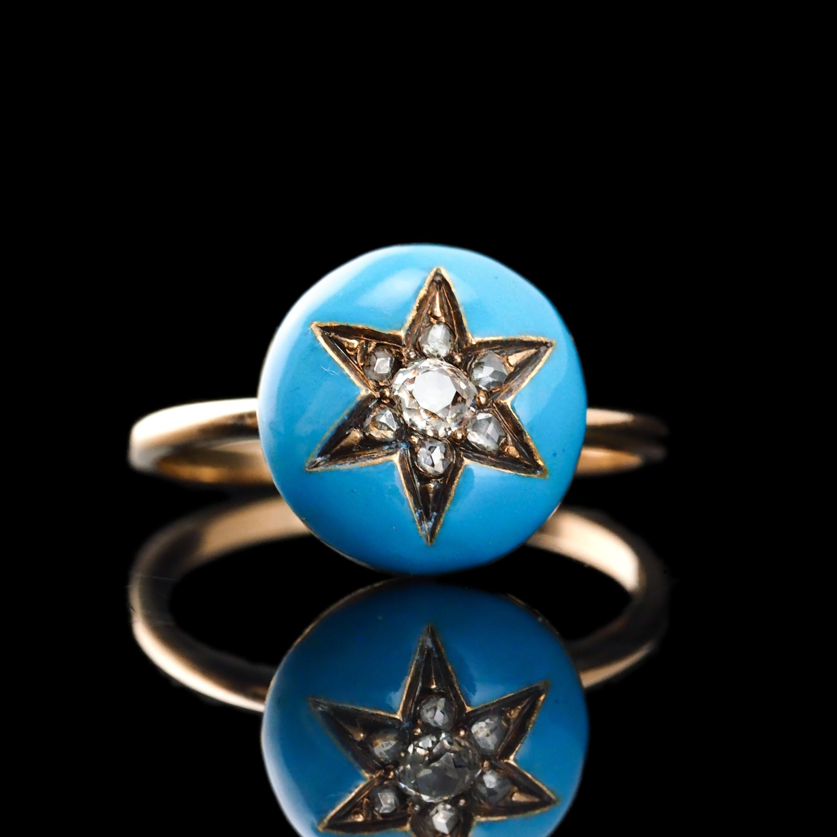 Antique Victorian Diamond Star Ring 9K Gold Blue Enamel Cabochon - c.1890 For Sale 8
