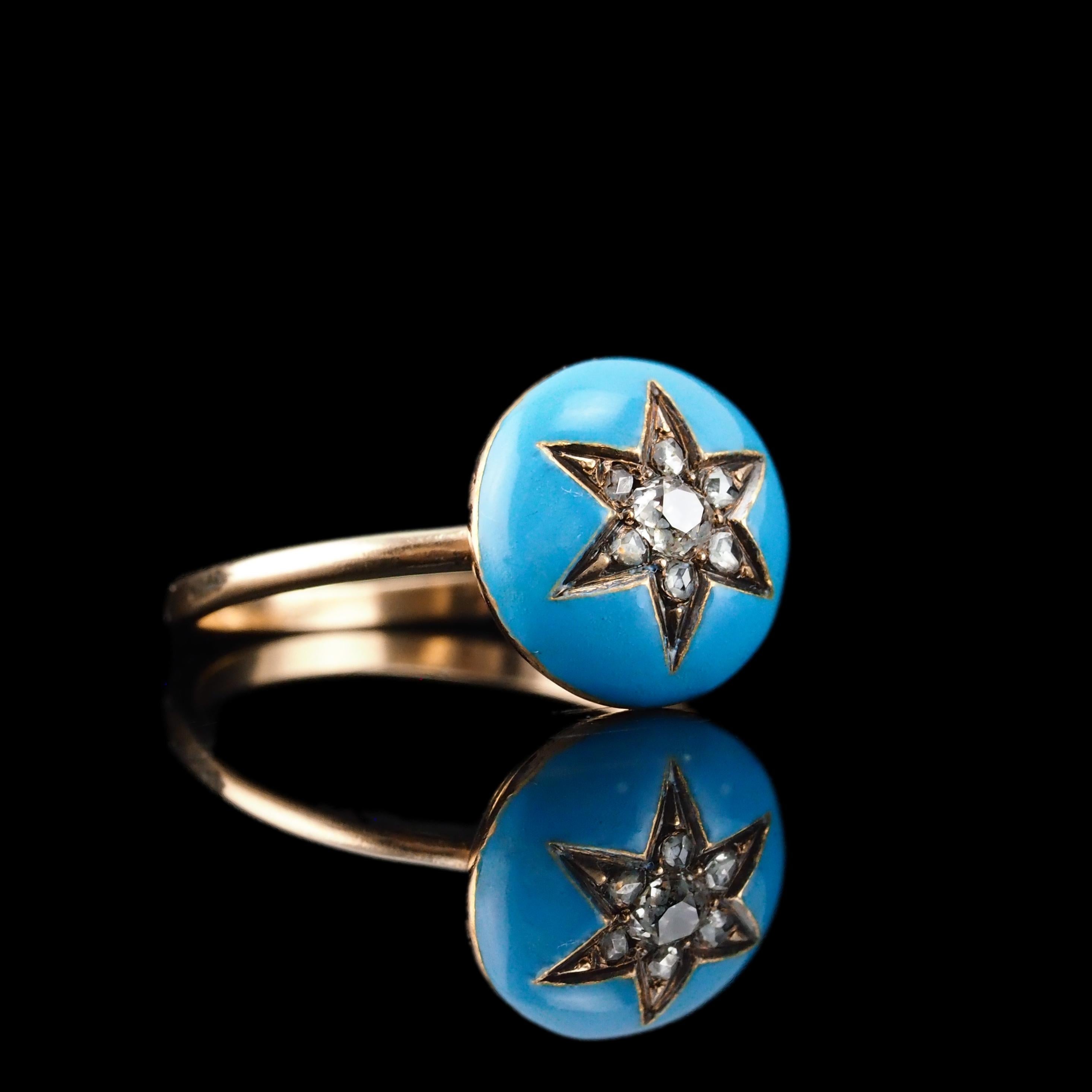 Antique Victorian Diamond Star Ring 9K Gold Blue Enamel Cabochon - c.1890 For Sale 10