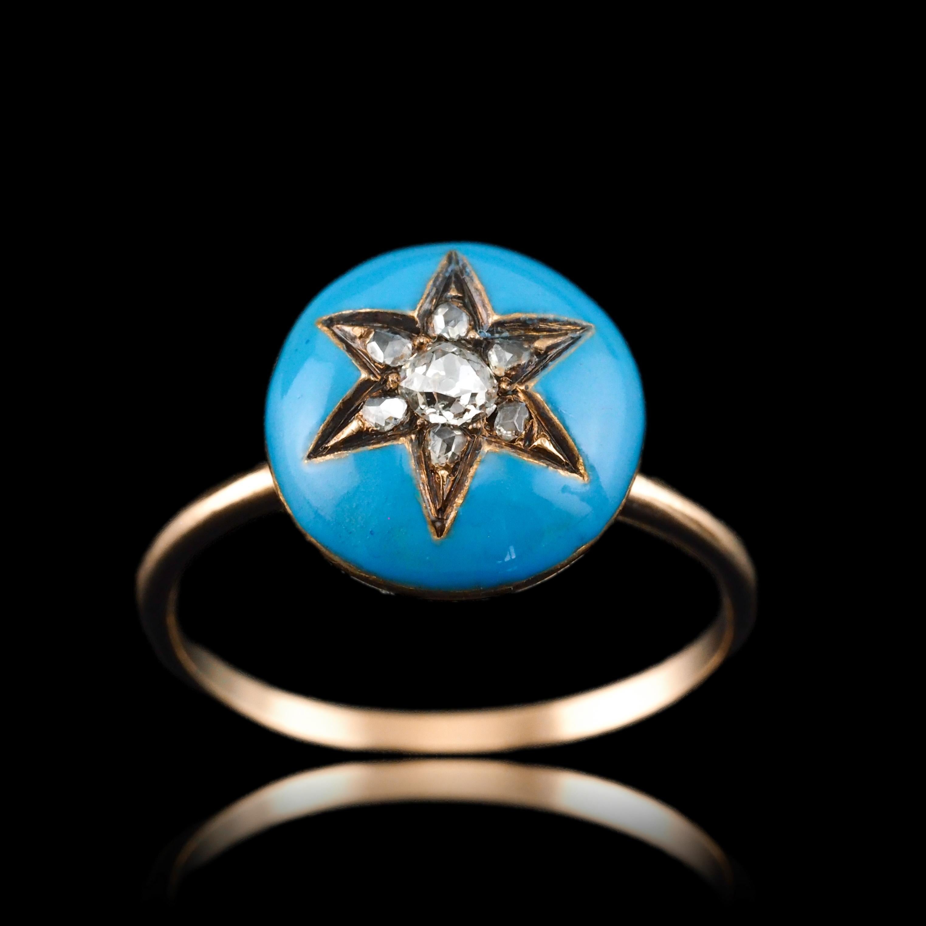 We are delighted to offer this stunning antique Victorian diamond star and blue enamel ring made c.1890.
  
Unapologetically Victorian, this ring features some of the most desirable and stylish elements of the period. The light blue enamel remains