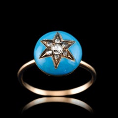 Antique Victorian Diamond Star Ring 9K Gold Blue Enamel Cabochon - c.1890