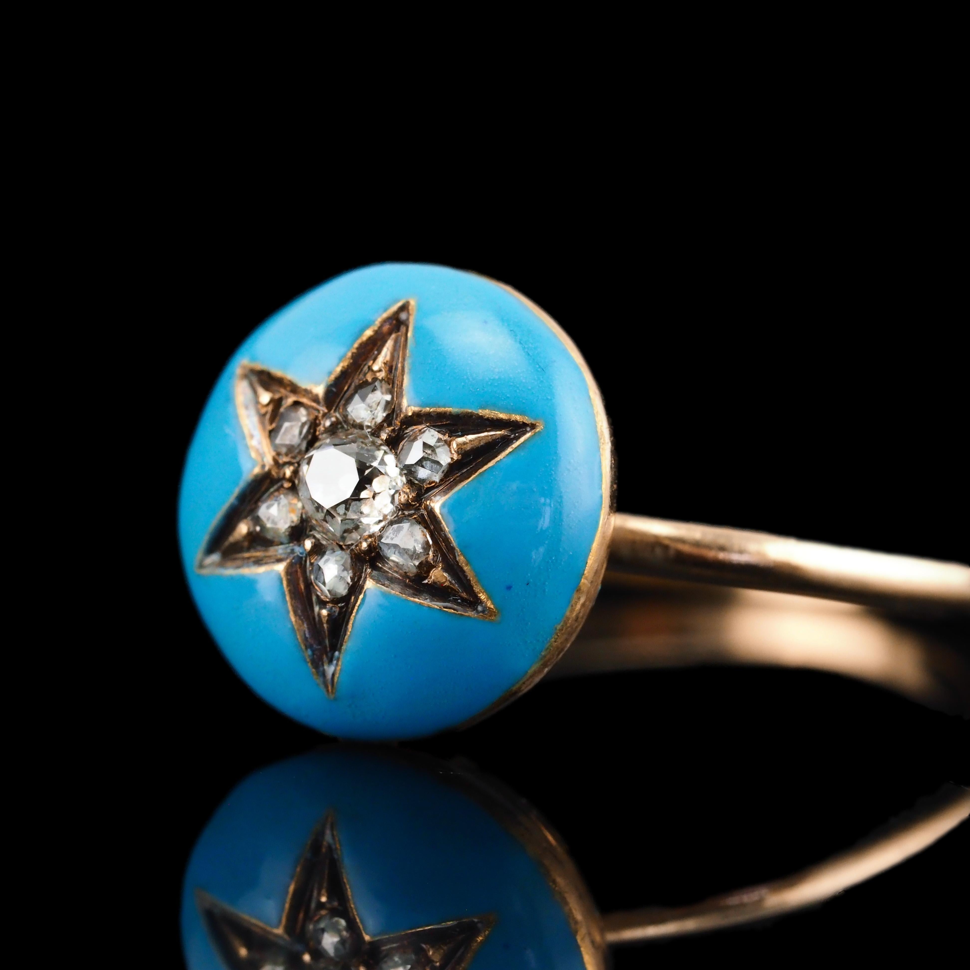 Rose Cut Antique Victorian Diamond Star Ring 9K Gold Blue Enamel Cabochon - c.1890 For Sale