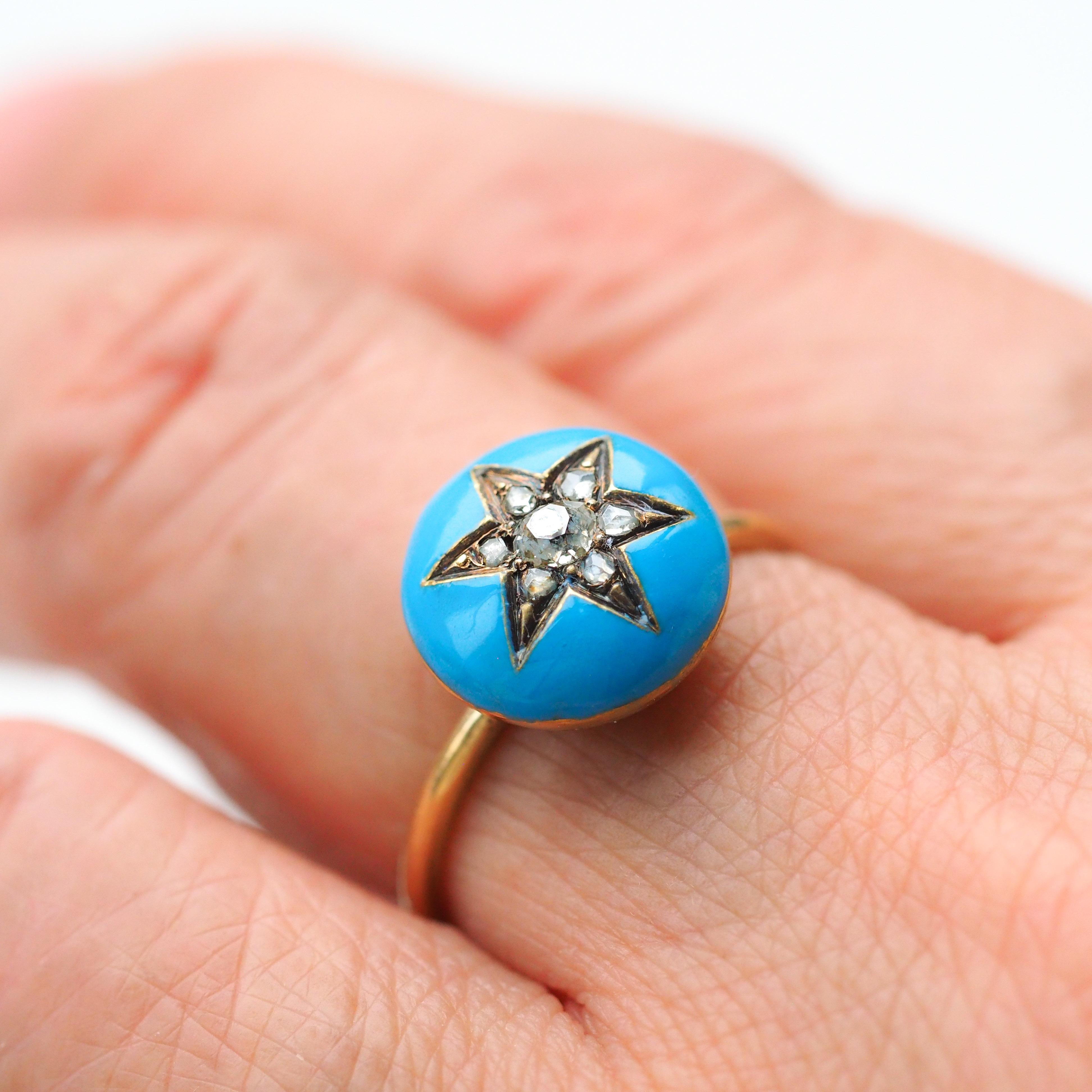 Antique Victorian Diamond Star Ring 9K Gold Blue Enamel Cabochon - c.1890 In Good Condition For Sale In London, GB