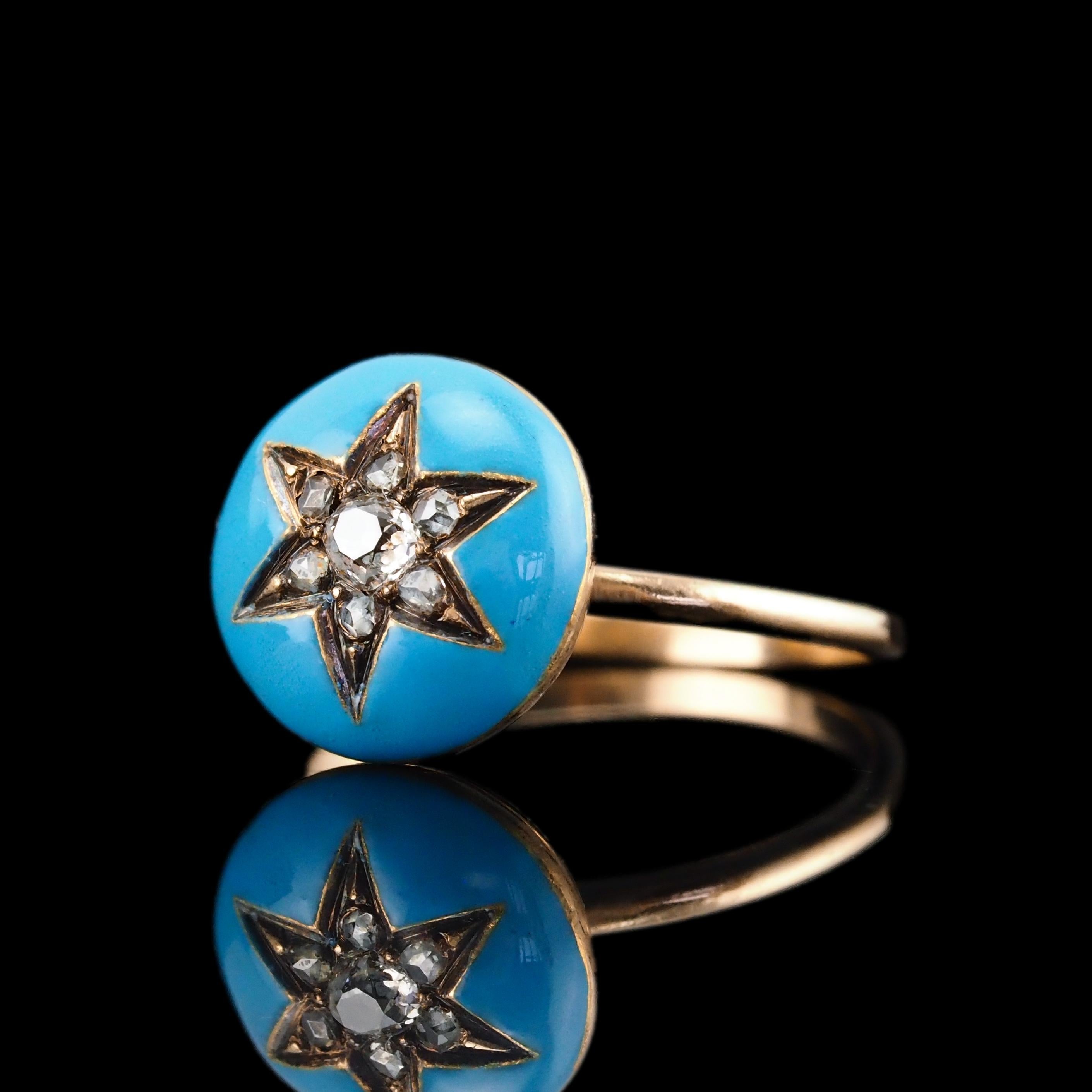 Antique Victorian Diamond Star Ring 9K Gold Blue Enamel Cabochon - c.1890 For Sale 1