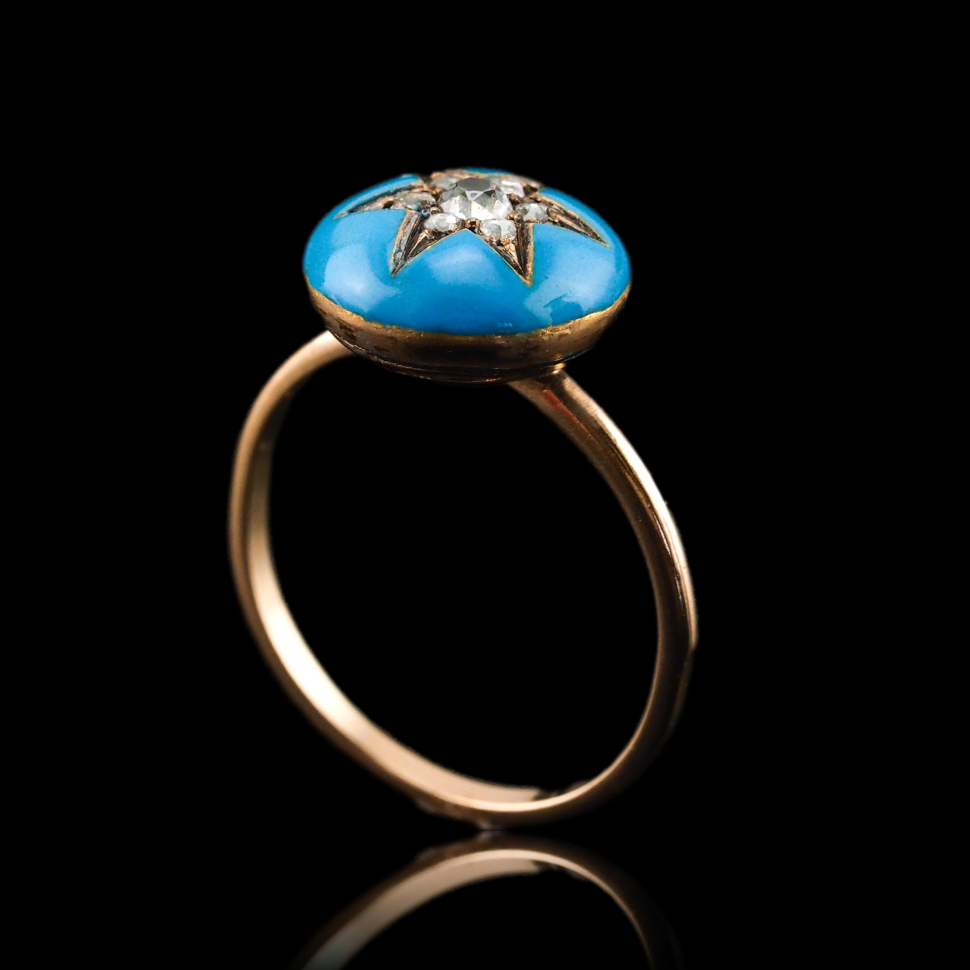 Antique Victorian Diamond Star Ring 9K Gold Blue Enamel Cabochon - c.1890 For Sale 2