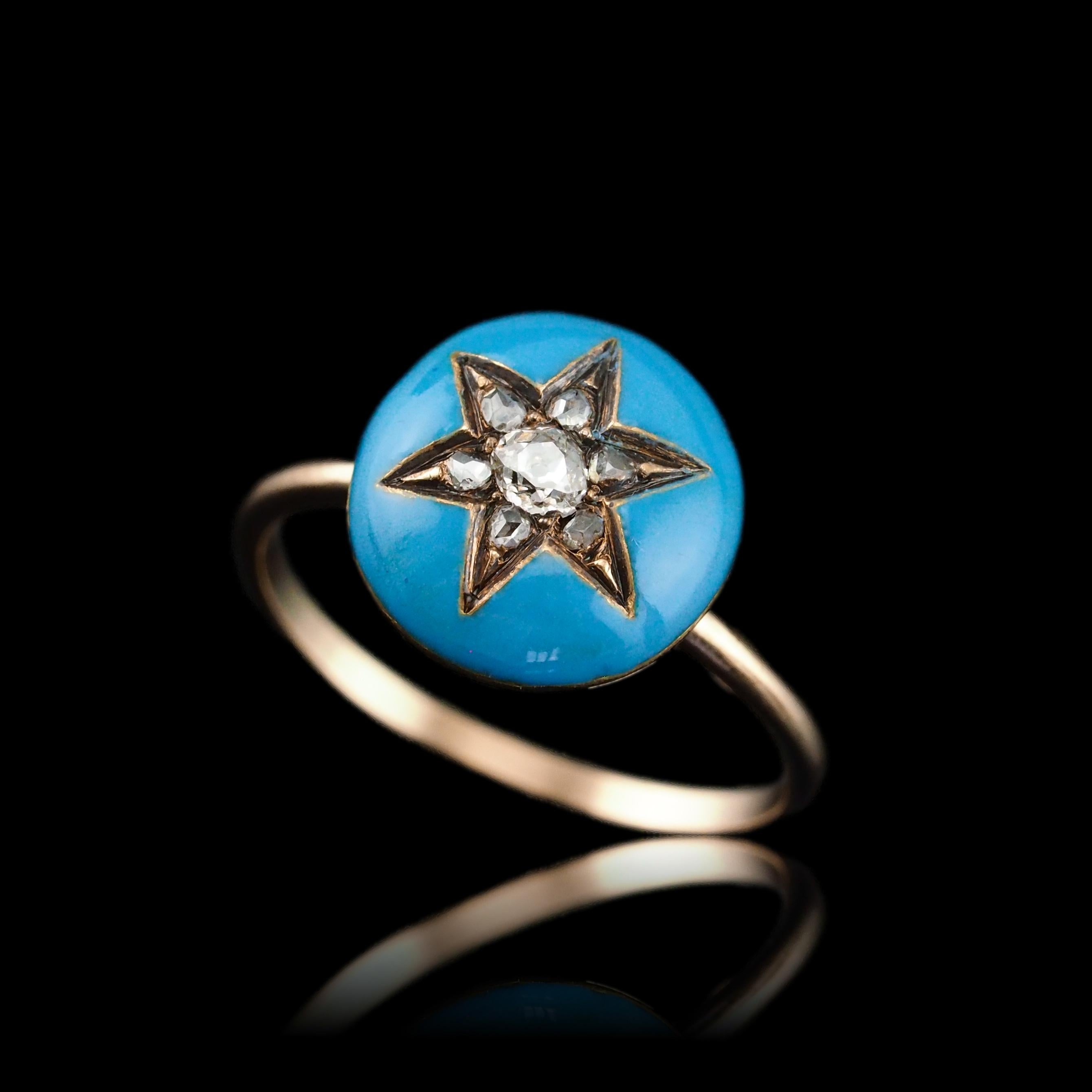 Antique Victorian Diamond Star Ring 9K Gold Blue Enamel Cabochon - c.1890 For Sale 3