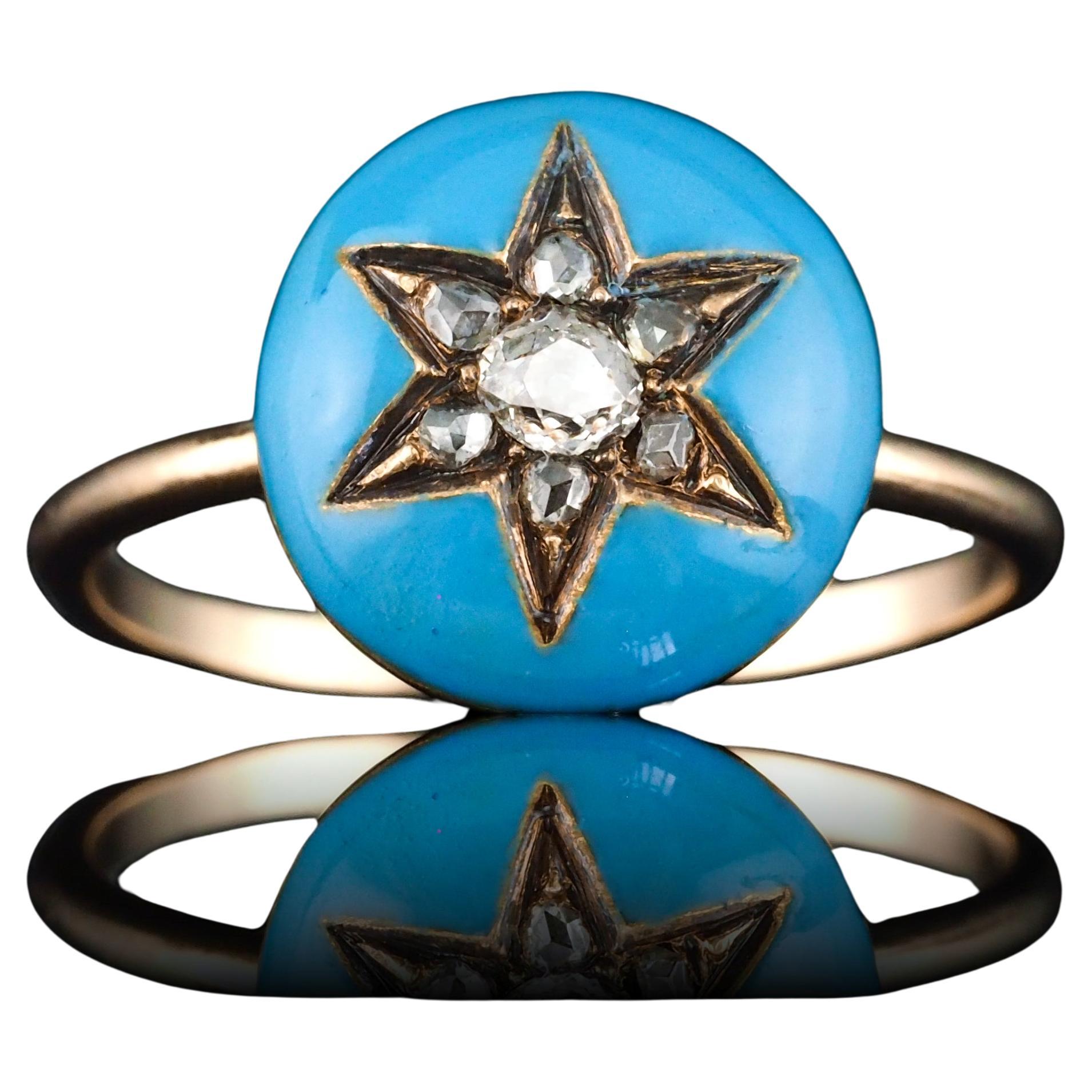 Antique Victorian Diamond Star Ring 9K Gold Blue Enamel Cabochon - c.1890 For Sale