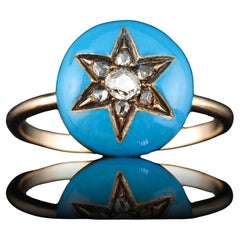 Antique Victorian Diamond Star Ring 9K Gold Blue Enamel Cabochon - c.1890