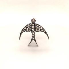 Antique Victorian Diamond Swallow Bird Brooch in Silver and 14 Karat Rose Gold