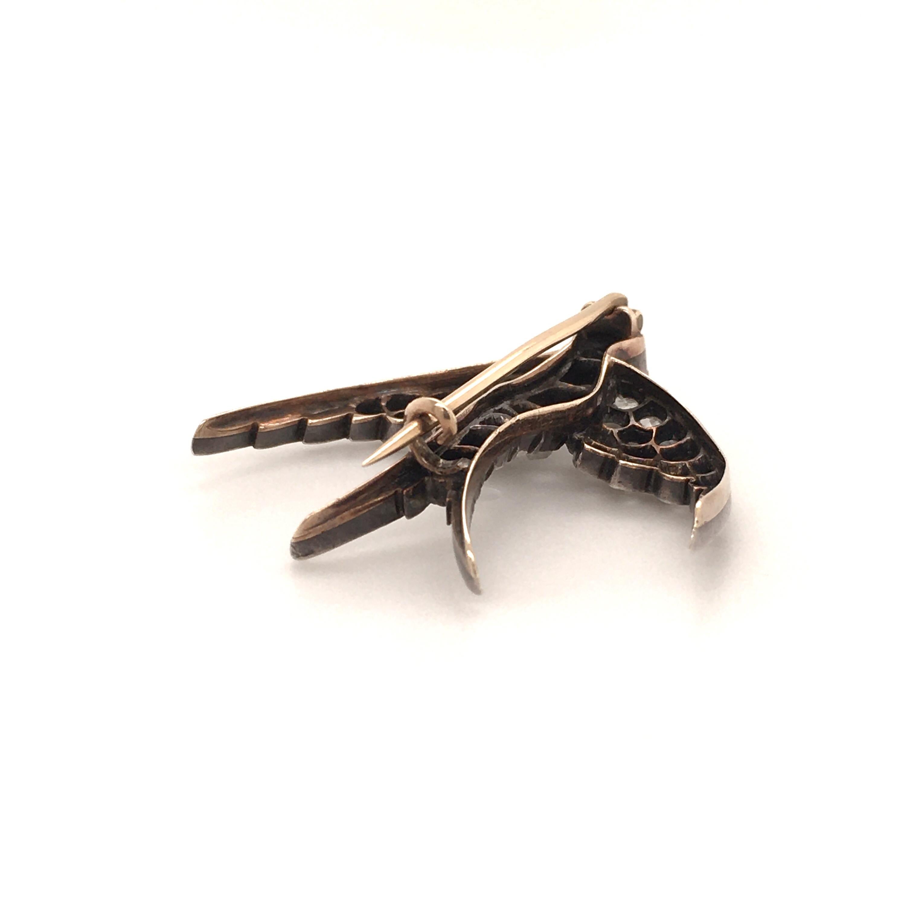 Rose Cut Antique Victorian Diamond Swallow Bird Brooch in Silver and 14 Karat Rose Gold