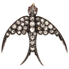Antique Victorian Diamond Swallow Bird Brooch in Silver and 14 Karat Rose Gold