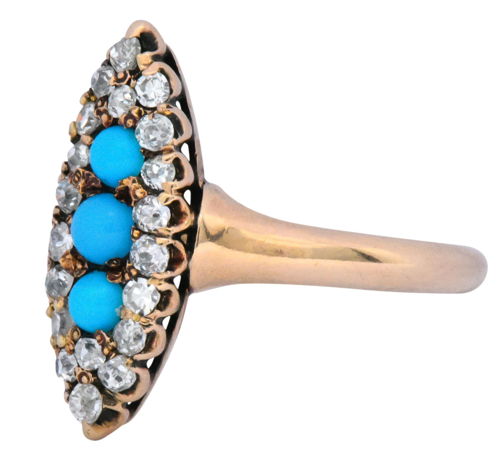 Centering three bright blue turquoise cabochons set north to south

Surrounded by rose cut and single cut diamonds weighing approximately 0.30 carat total

Stamped 14 with dated inscription on shank

Ring Size: 6 1/4

Top Measures: 17.4 x 7.5 mm and