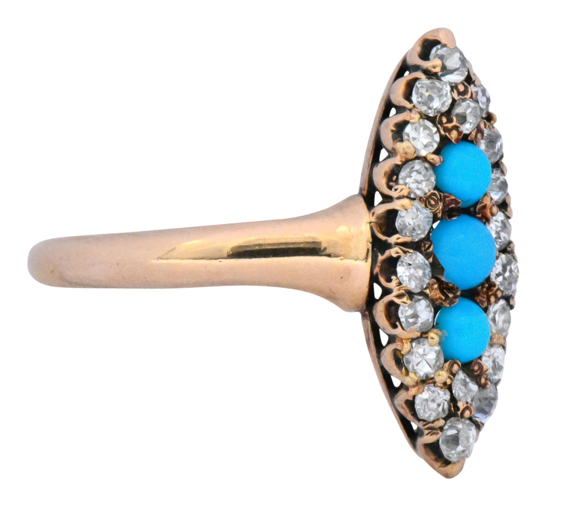 Women's or Men's Antique Victorian Diamond Turquoise 14 Karat Gold Navette Ring