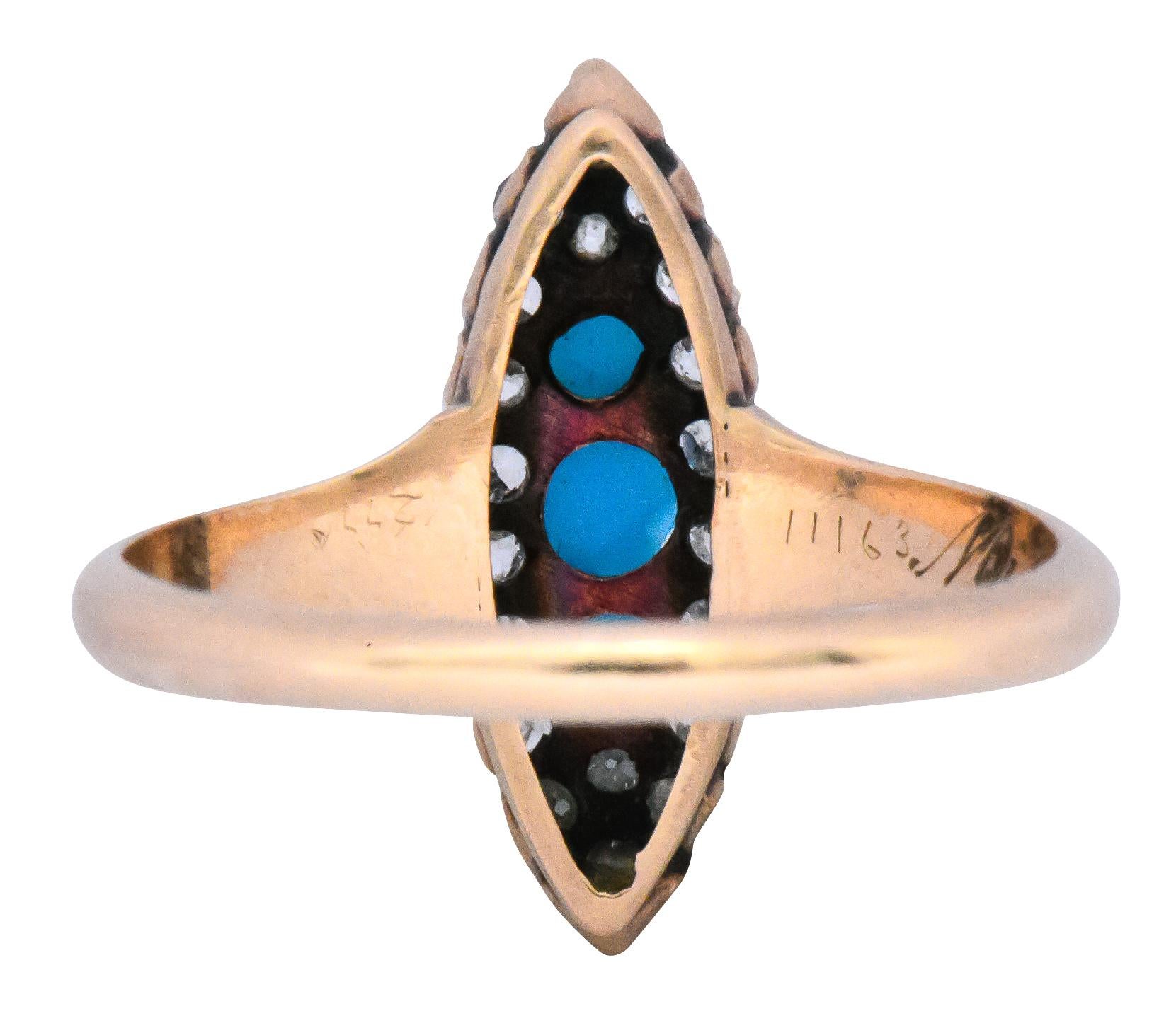Antique Victorian Diamond Turquoise 14 Karat Gold Navette Ring 2