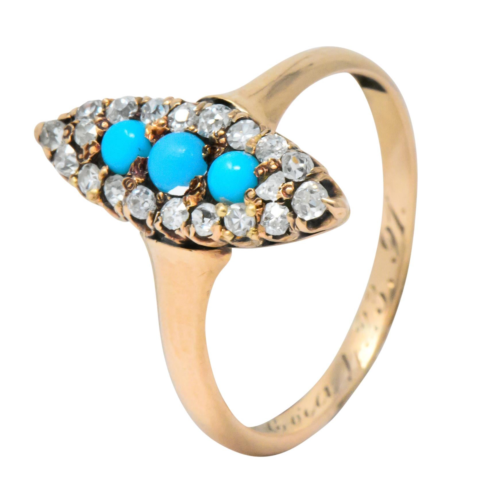 Antique Victorian Diamond Turquoise 14 Karat Gold Navette Ring 4