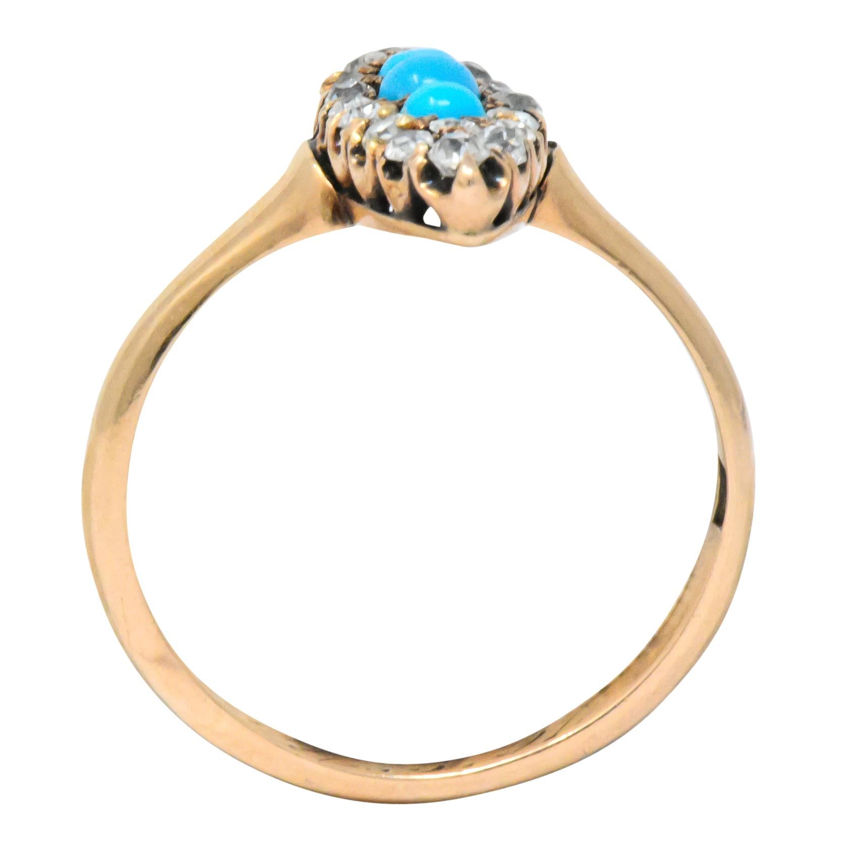 Antique Victorian Diamond Turquoise 14 Karat Gold Navette Ring 5