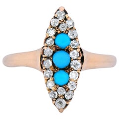Antique Victorian Diamond Turquoise 14 Karat Gold Navette Ring