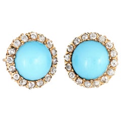 Victorian Diamond Turquoise Halo Earrings Antique 14 Karat Gold Round Rose