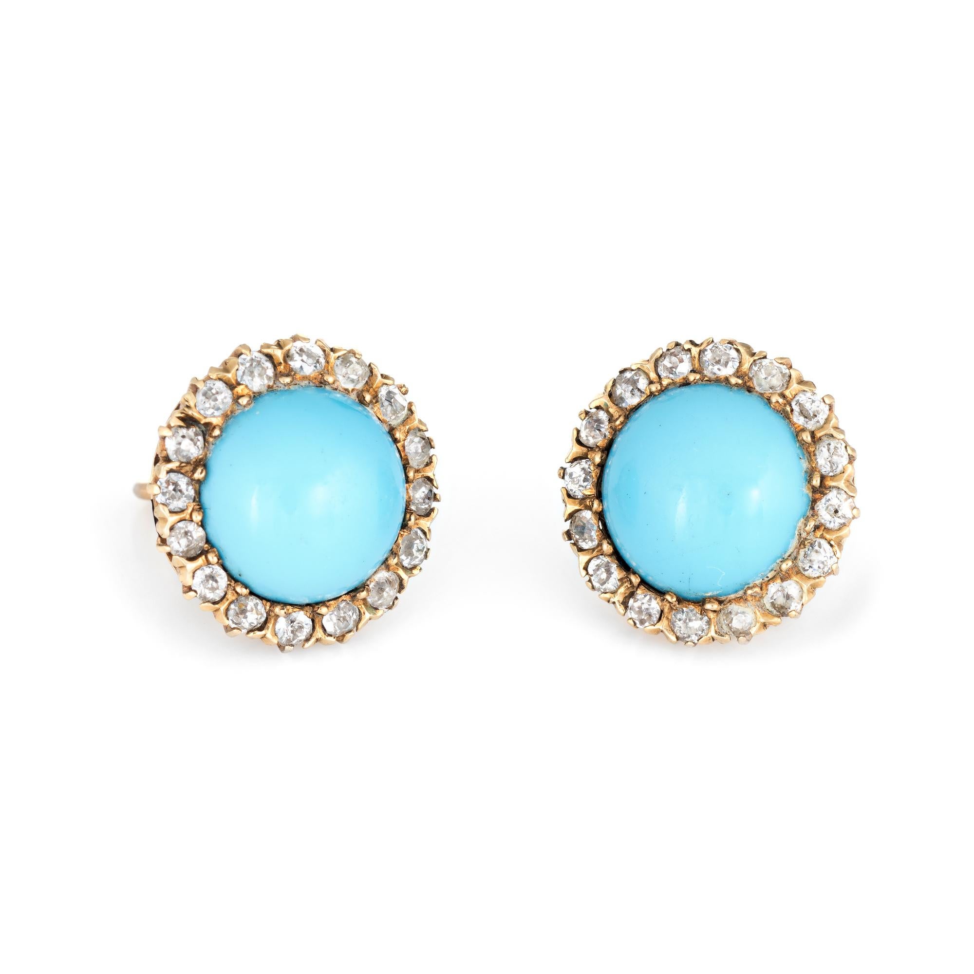 Antique Victorian Diamond Turquoise Halo Earrings Vintage 14 Karat Gold Fine In Good Condition In Torrance, CA