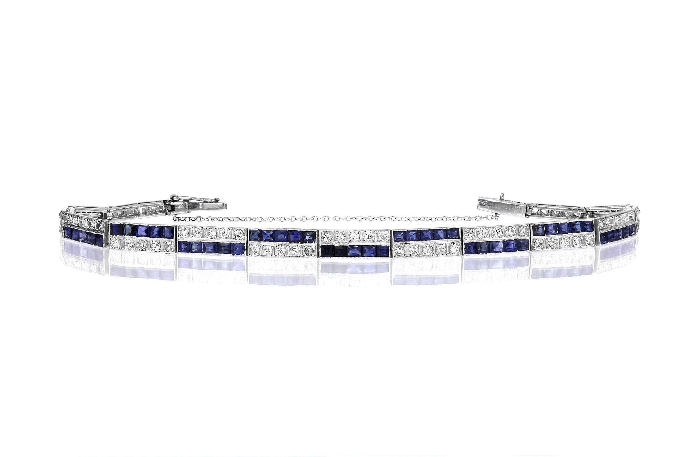 Antikes viktorianisches Armband mit Diamanten und Saphiren in zwei Reihen aus Platin (Rosenschliff)