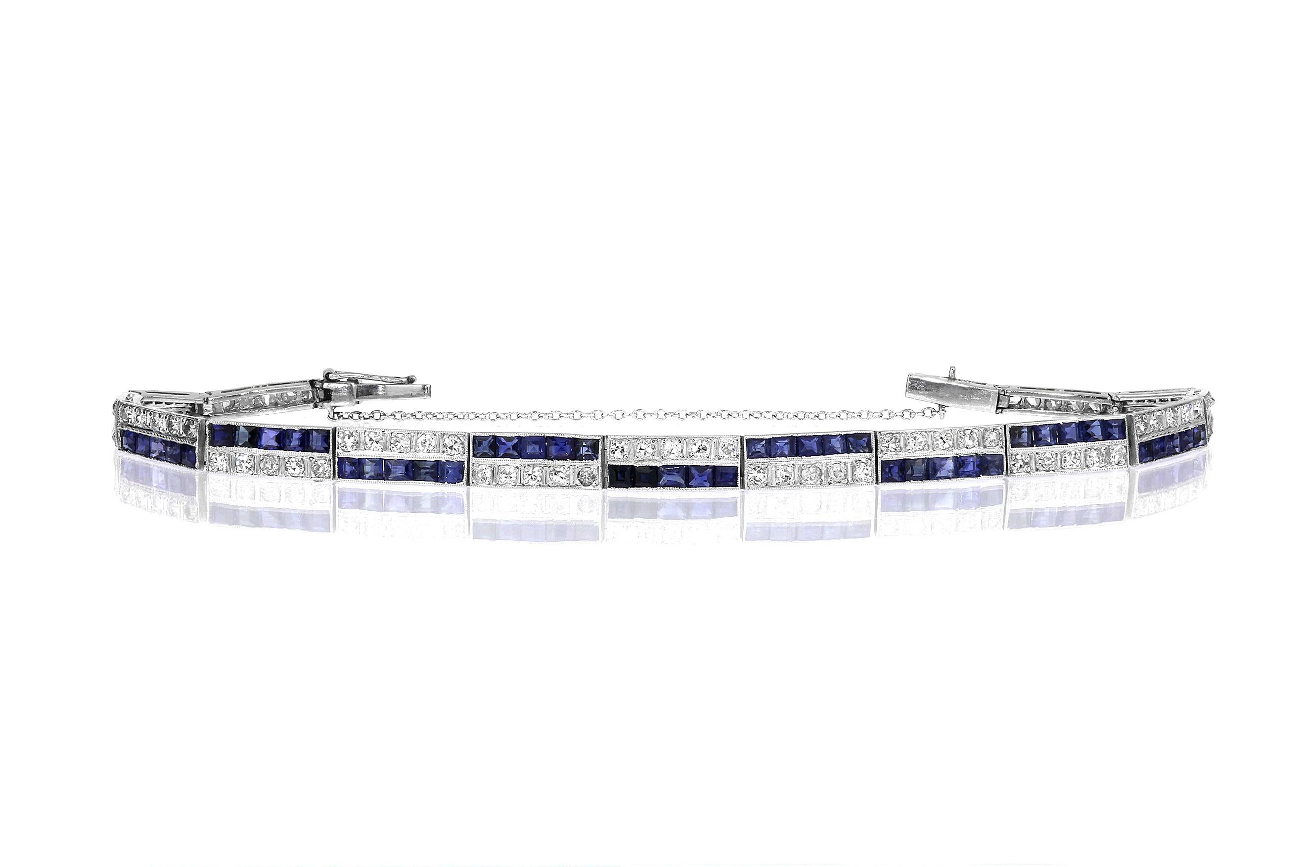 Antique Victorian Diamonds and Sapphire Two-Tier Line Bracelet Set in Platinum In Excellent Condition In London, GB