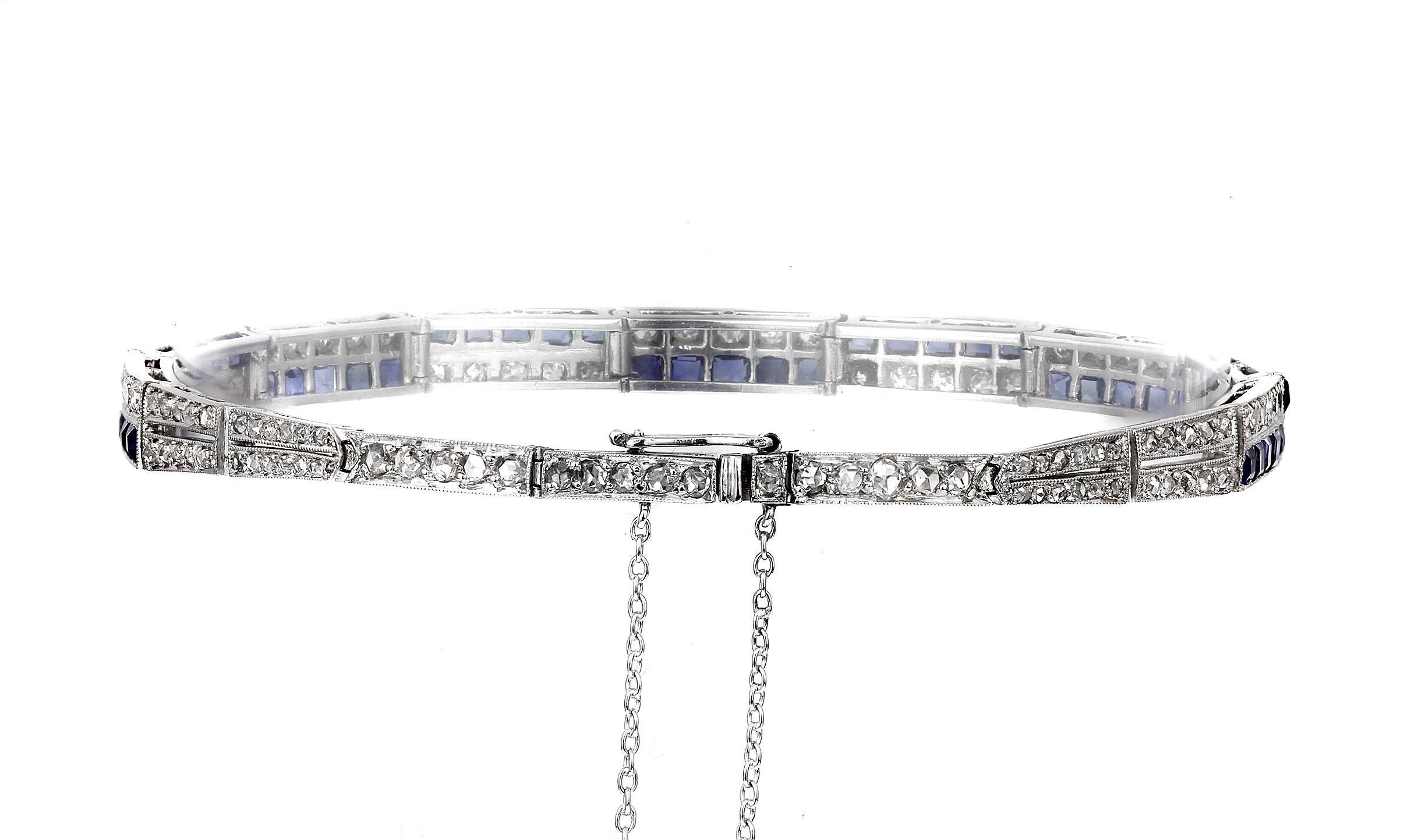 Women's Antique Victorian Diamonds and Sapphire Two-Tier Line Bracelet Set in Platinum