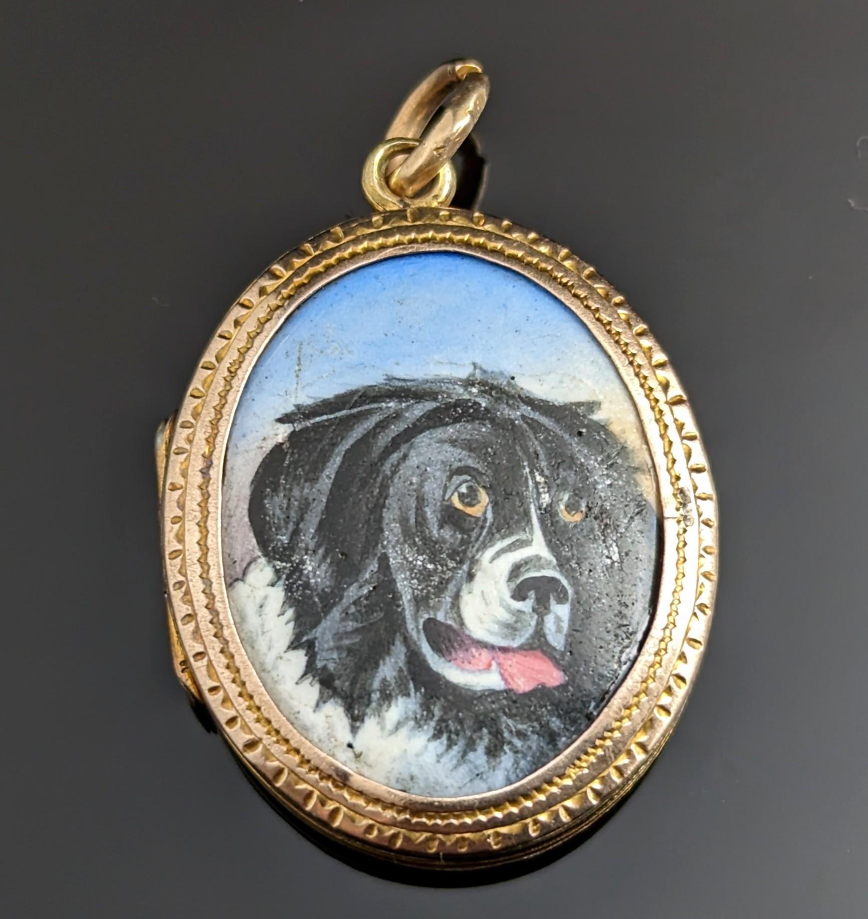 Antique Victorian Dog Portrait Locket, 9k Gold Front and Back In Fair Condition In NEWARK, GB