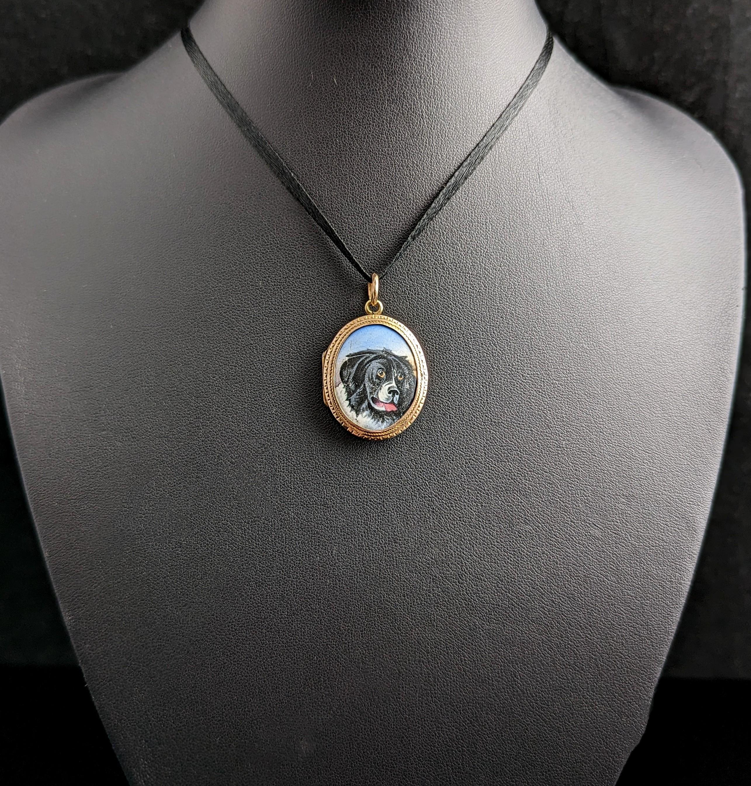 Women's Antique Victorian Dog Portrait Locket, 9k Gold Front and Back