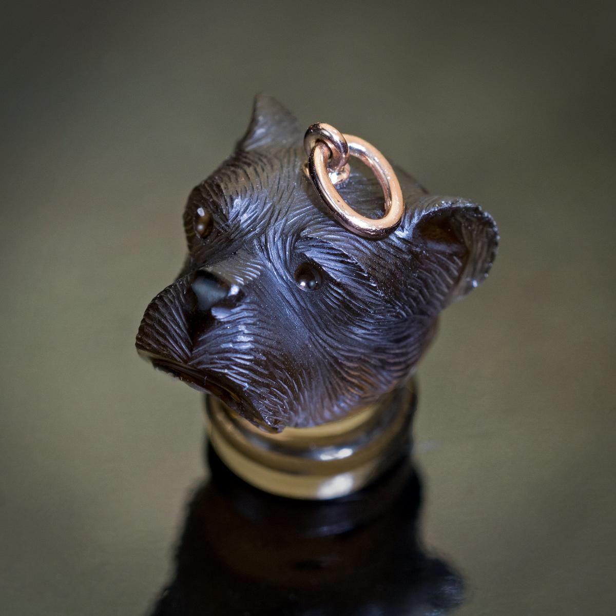 Antique Victorian Dog’s Head Carved Topaz Pendant Charm 1