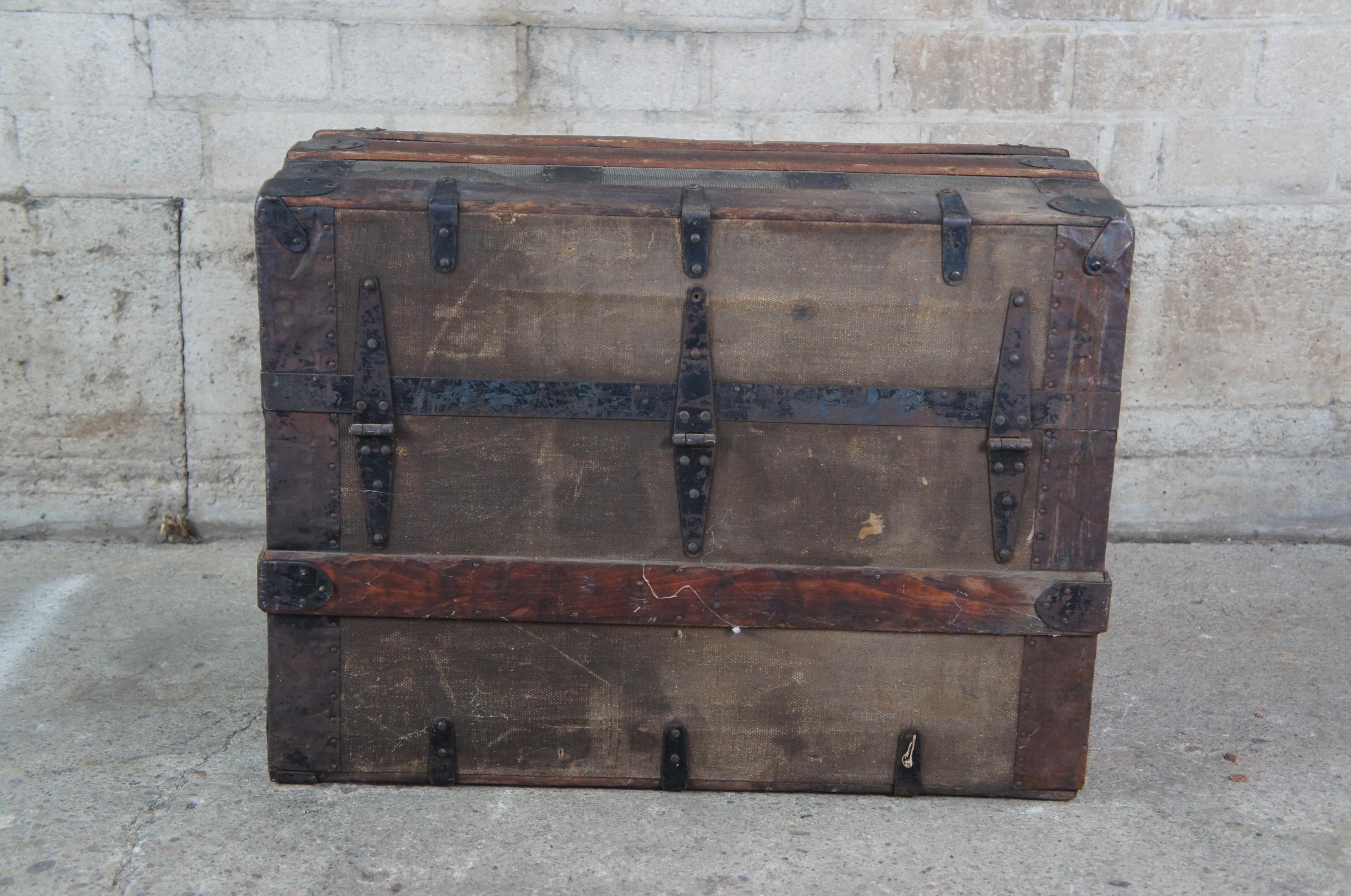 Antique Victorian Dome Top Chest Steamer Trunk Canvas & Oak Metal Banded 3