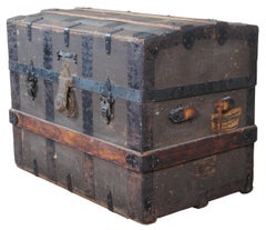 Antique Victorian Dome Top Chest Steamer Trunk Canvas & Oak Metal Banded