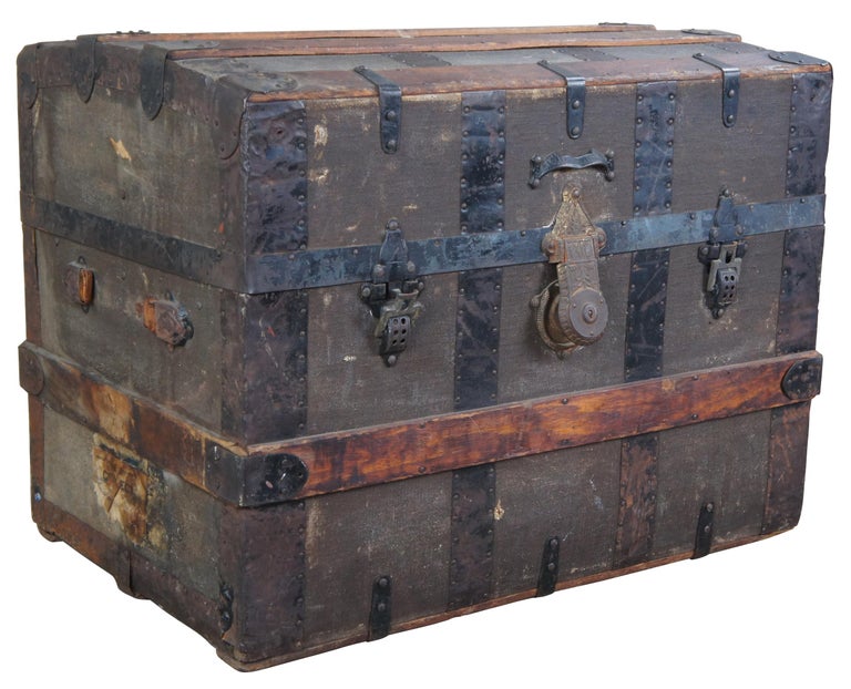 Antique Victorian Dome Top Chest Steamer Trunk Canvas and Oak Metal Banded at 1stDibs