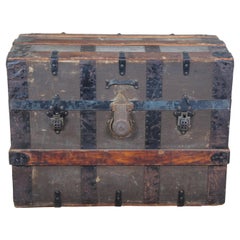 Antique Victorian Dome Top Chest Steamer Trunk Canvas & Oak Metal Banded