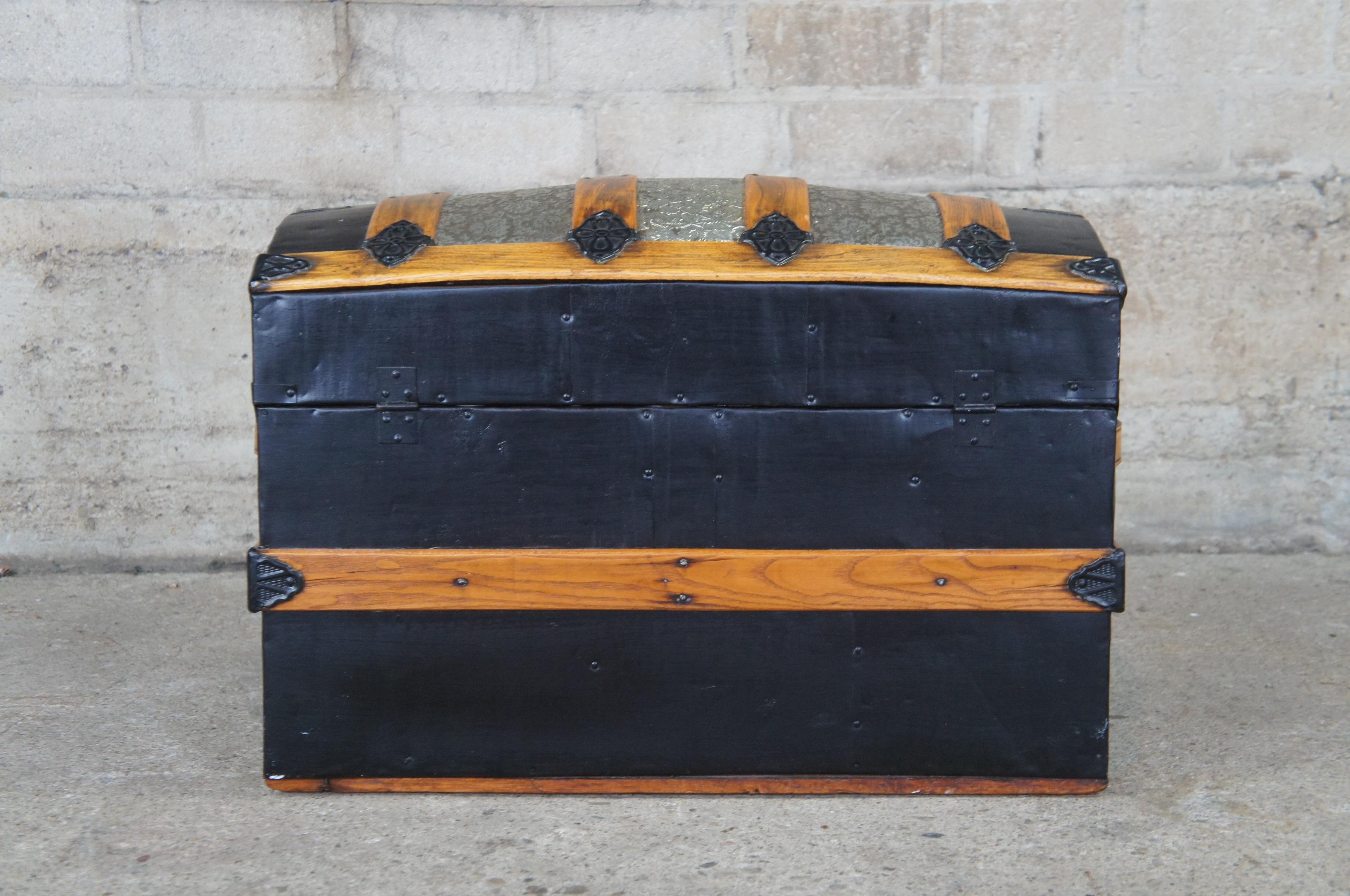 Antique Victorian Dome Top Chest Steamer Trunk Embossed Metal Oak w Insert 5