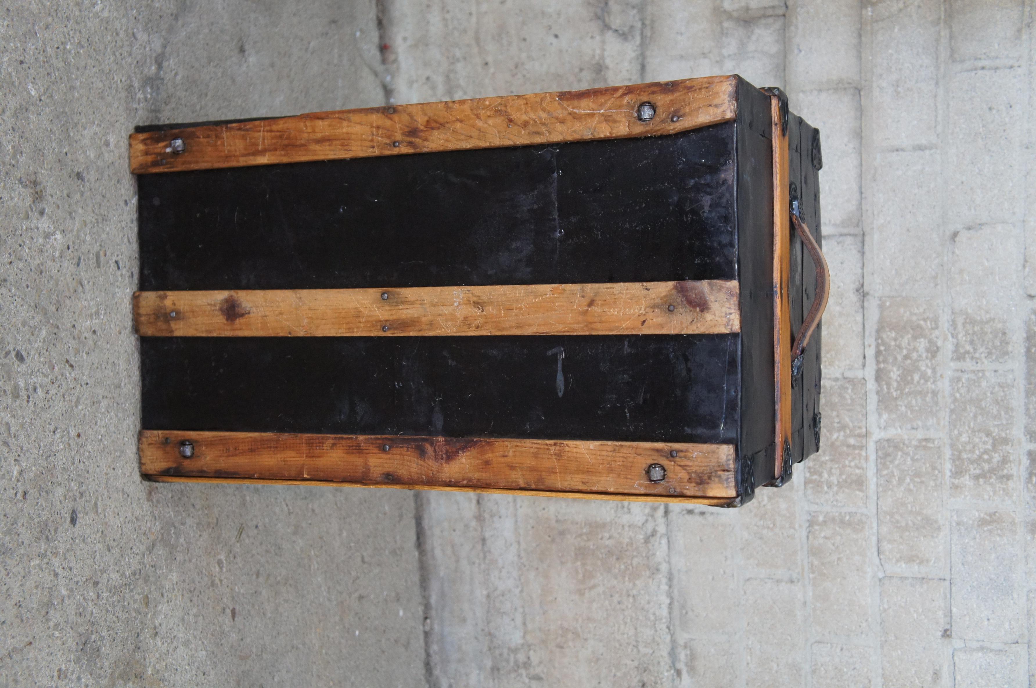 Antique Victorian Dome Top Chest Steamer Trunk Embossed Metal Oak w Insert 4