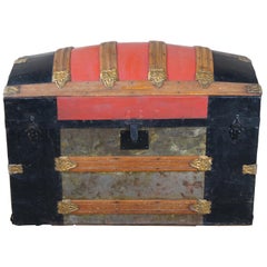 Antique Victorian Dome Top Chest Steamer Trunk Embossed Metal Oak with Insert