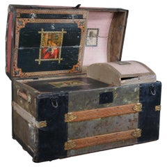 Antique Victorian Dome Top Chest Steamer Trunk Embossed Metal Oak with Insert