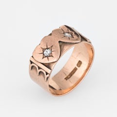 Antique Victorian Double Heart Ring Diamond 9 Karat Rose Gold Wide Band Vintage