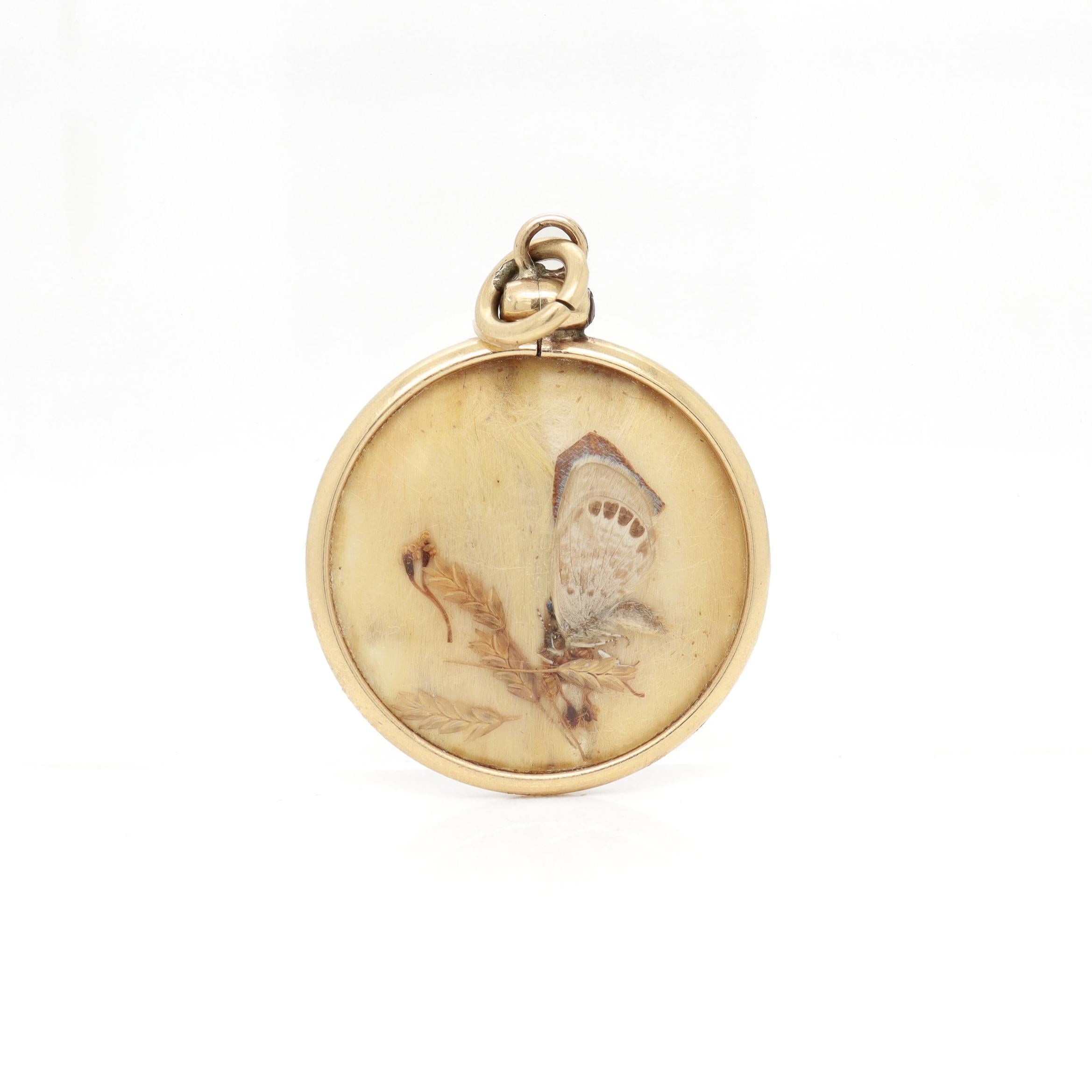 Antique Victorian Double Side 14K Gold & Butterfly Wing Charm / Pendant Pour femmes en vente