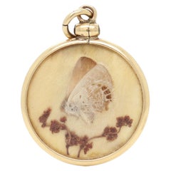 Antique Victorian Double Side 14K Gold & Butterfly Wing Charm / Pendant
