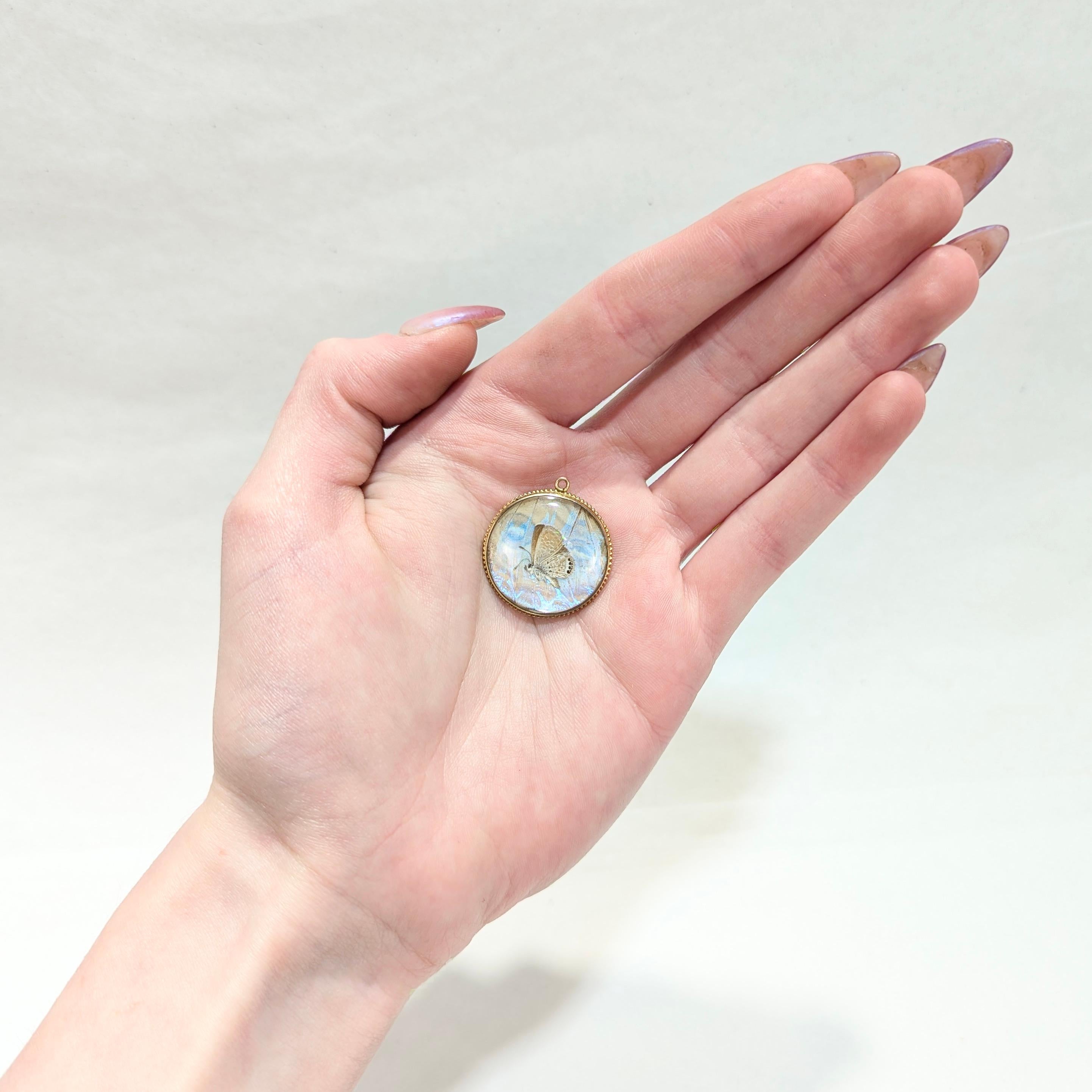 Antique Victorian Double-Sided 14K Gold & Morpho Butterfly Wing Charm / Pendant For Sale 7