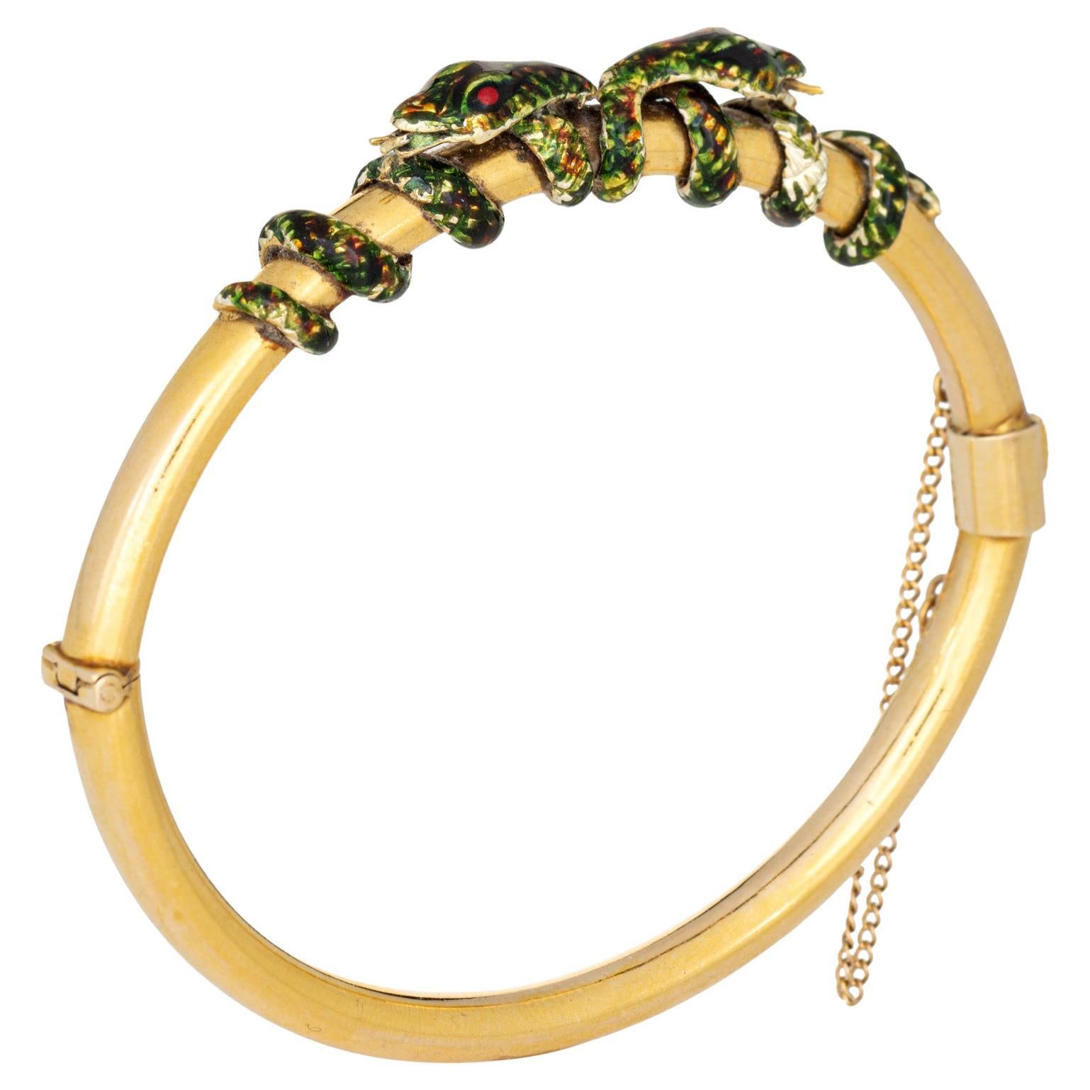 Antique Victorian Double Snake Bracelet Coiled Enamel 14k Yellow Gold Bangle