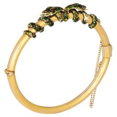Antique Victorian Double Snake Bracelet Coiled Enamel 14k Yellow Gold Bangle